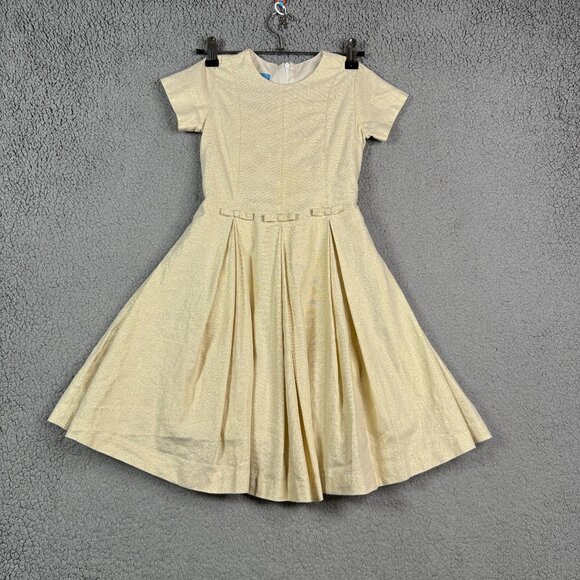 Vintage Anavini Hand Smocked Size 5 Beige Short Sleeeves Pleated Dress Midi Line - Picture 1 of 12